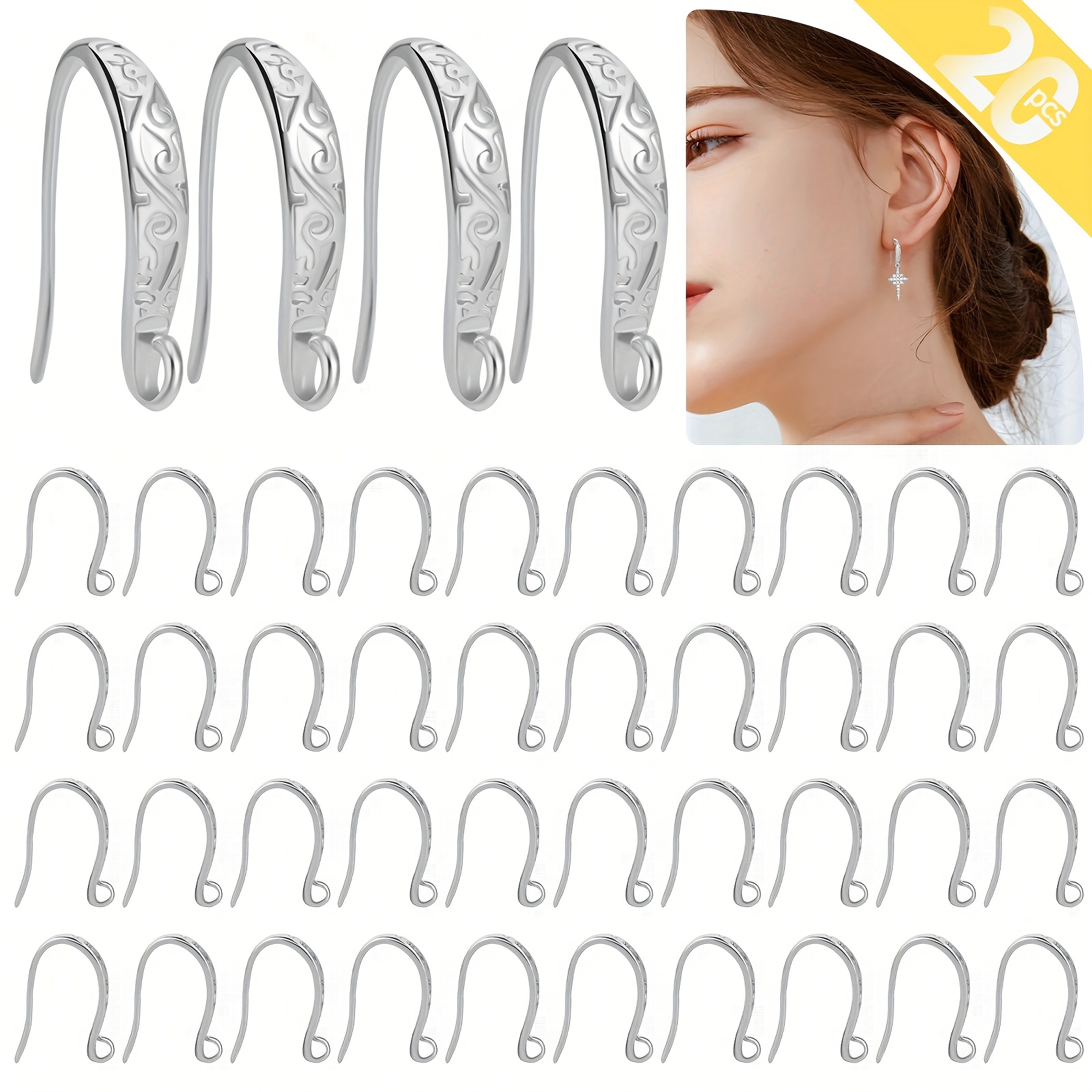 Image of 20pcs Of Silvery-plated Copper Ear Hooks With Intricate Carved Designs, Ideal For Jewelry Crafting And Projects ( In Silvery And Golden)