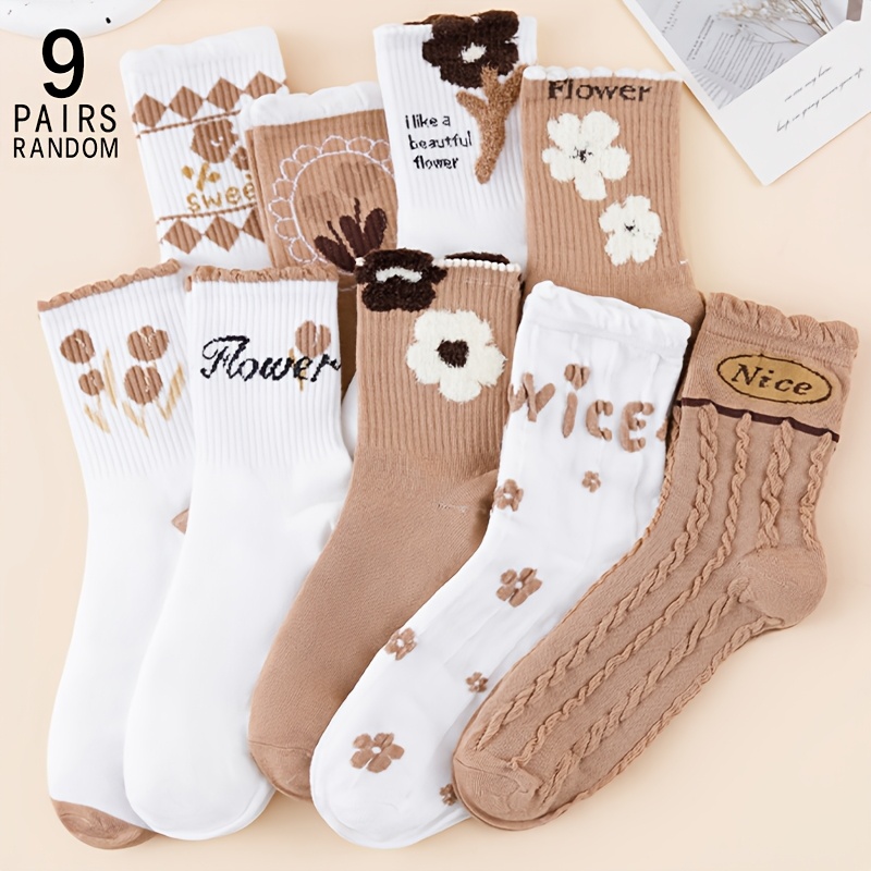 Image of 9 Pairs Of Color Random Mid Tube Women's Socks Fashionable Cute Rolled Edge Socks Comfortable Long Socks