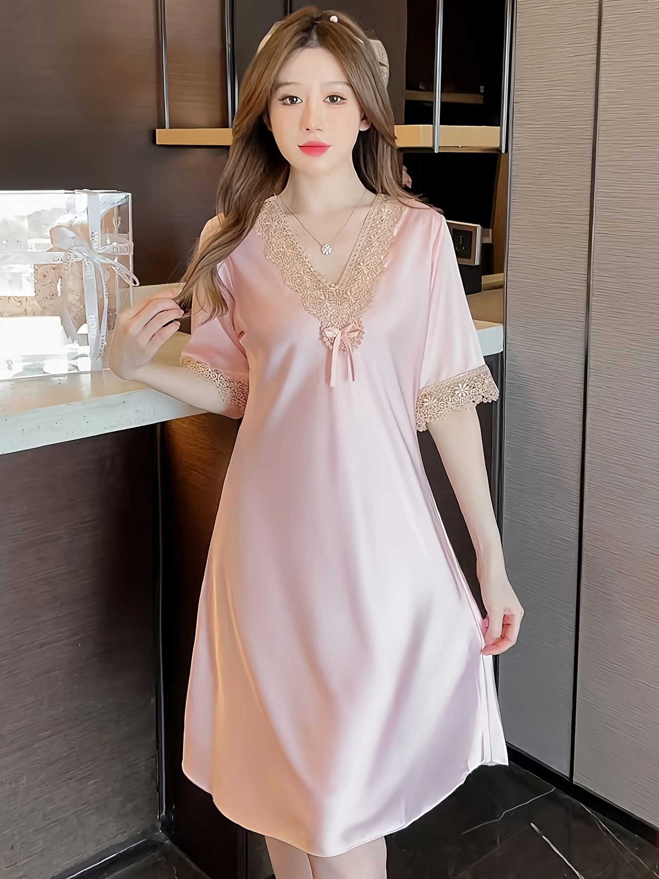 Elegant Polyester Night Dress for Women with Contrast Lace, V-Neck, Short  Sleeve, Silky Leisure Travel Disposable Sleepwear