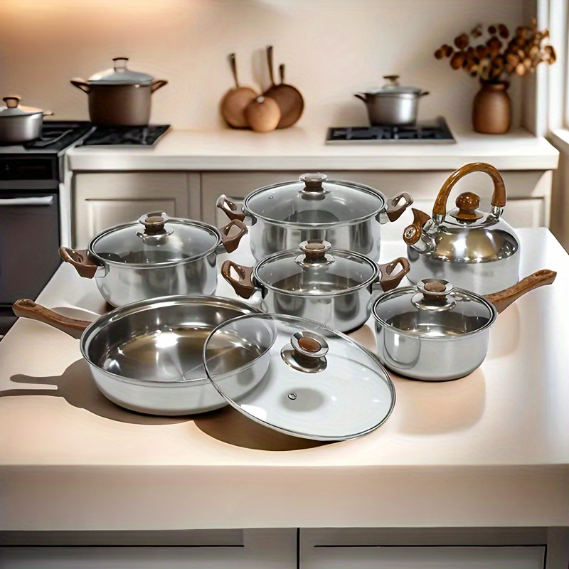 TEMU 12pcs Stainless Steel Cookware Set With Wood Grain Handles - Includes Kettle, Frying Pan & More - Essentials