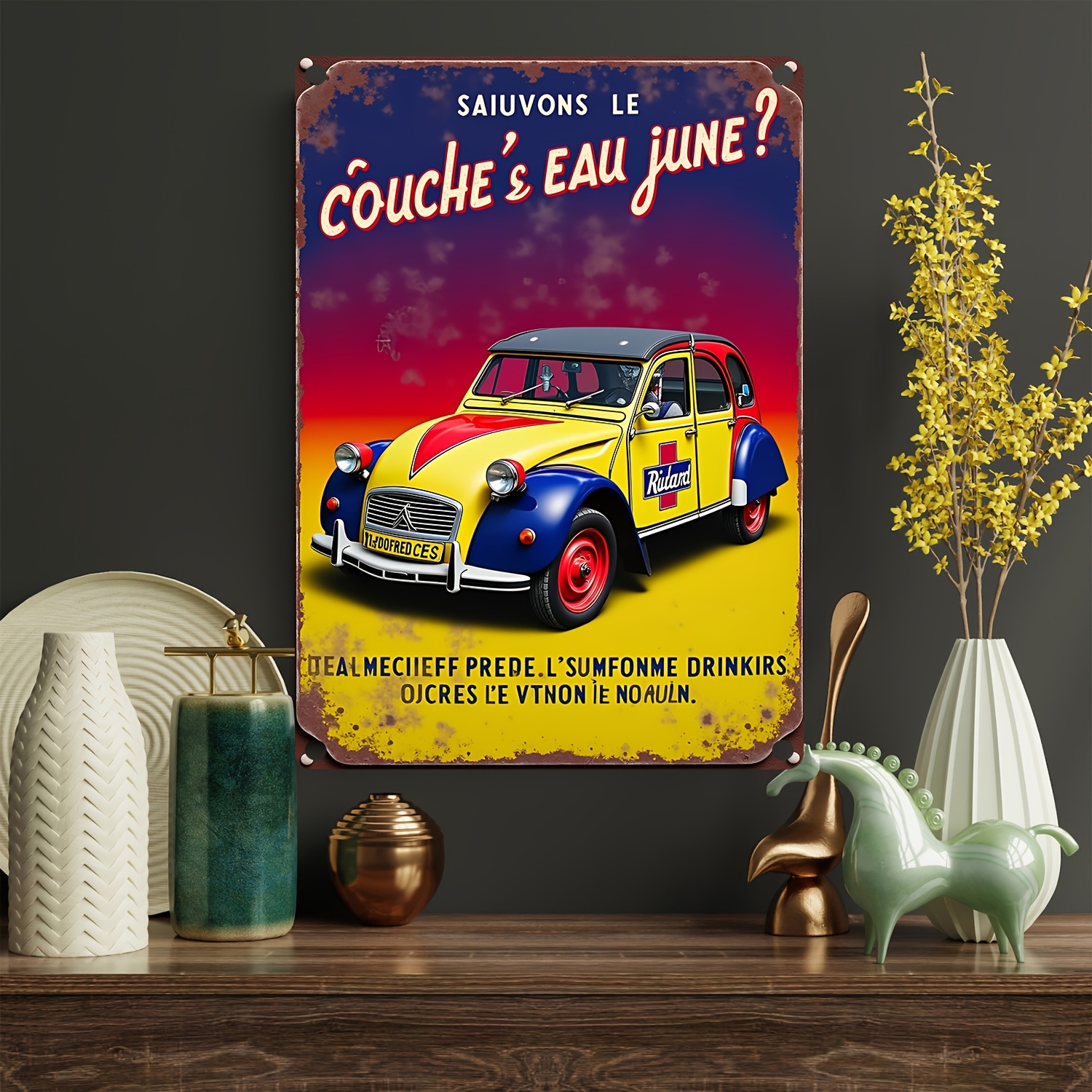 TEMU Panneau plat 2D, [2D Plat] Panneau en fer métallique vintage - Art mural rétro avec design de voiture , Décor rustique pour maison, jardin, bar,