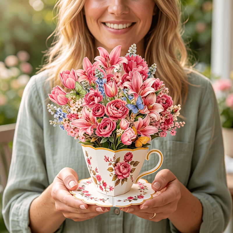TEMU Cadeau pour elle/lui, tasse à thé à bordure dorée européenne, bouquet 3D, carte de vœux, lys, tulipes, papillons colorés, carte d'affichage 3D à