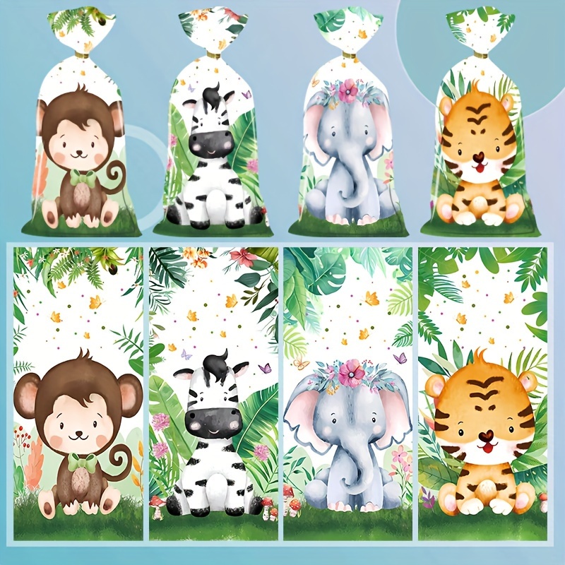 

50pcs Jungle Animals Themed Plastic Candy Gift Bags, Biscuit Packaging For Birthday Party Decorations And Baking Supplies