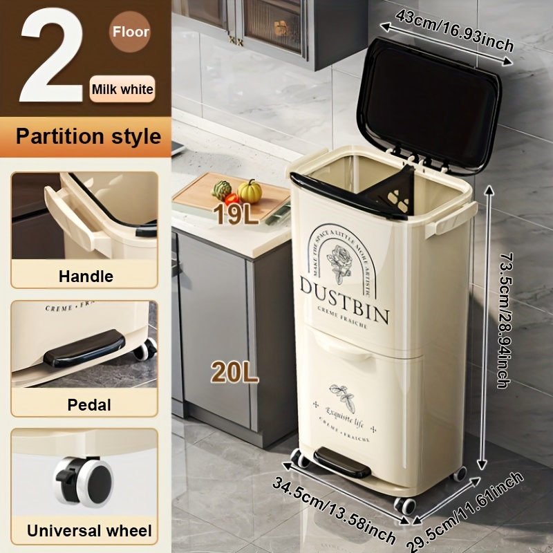 1pc Large Capacity Heavy-Duty Kitchen Trash Can with Foot Pedal Lid & 2-3-Tier Storage Compartments - 39L-44L Heavy-Duty PP Rectangular Bin with Locking Mechanism, Manual Operation, Durable Polypropylene Construction for Home, Office, Commercial Use - Space-Saving Design, Odor Control, Easy Rollable Mobility (No Electricity Required) - Ideal for Wet/Dry Waste Sorting