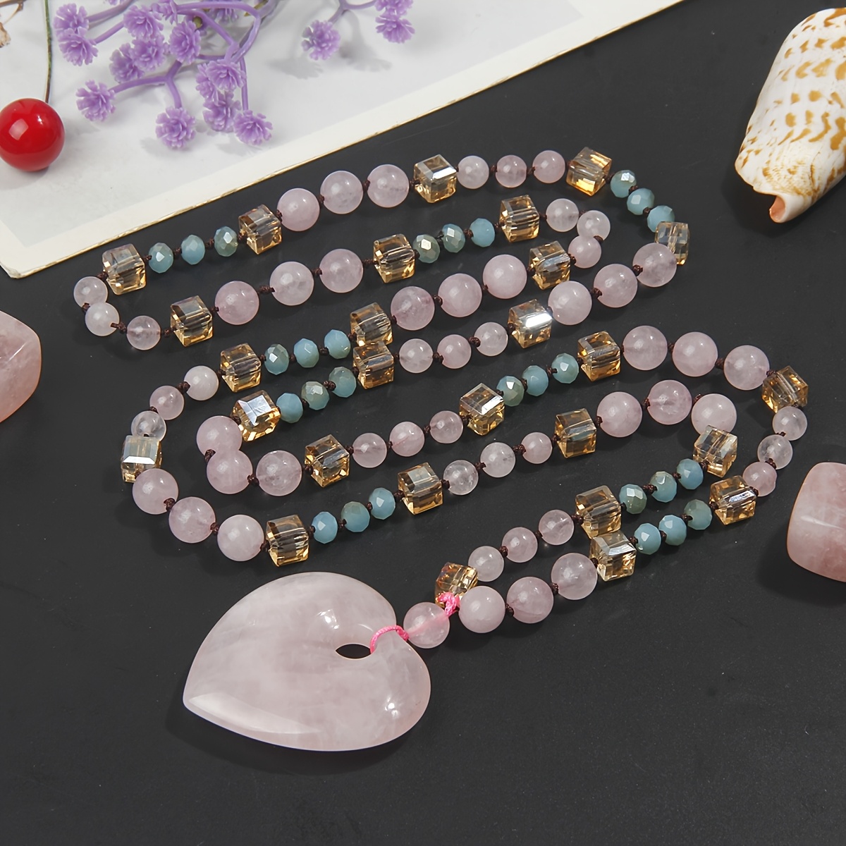 TEMU Women's Pink Heart Pendant Necklace, Handcrafted Knotted Long Chain, Stackable Jewelry, Handmade Jewelry Gift For Her (random Texture And Color
