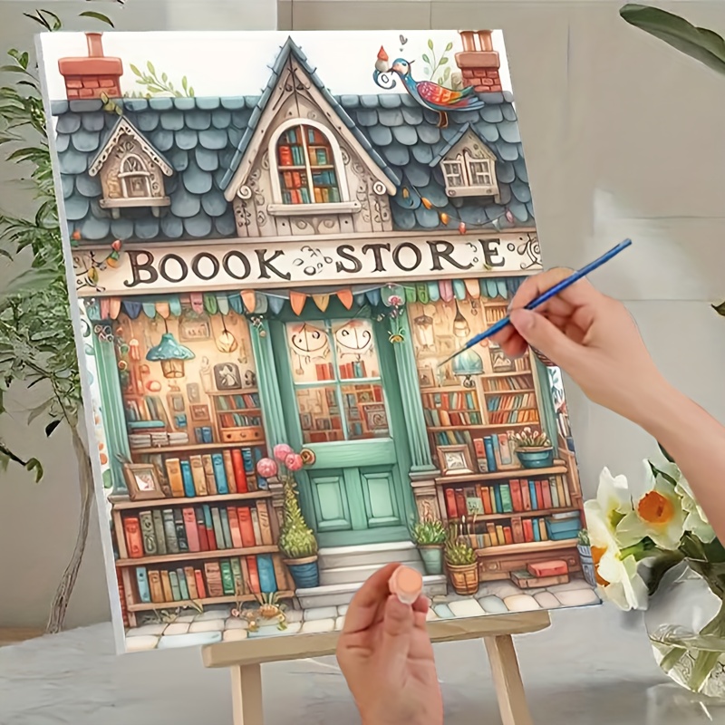 Image of Professional Art Use, 1pc Oil Painting Kit For Adult Beginners - Includes Acrylic Paints, Canvas, 3 Paintbrushes, And Manual | Acrylic Painting Of A Colorful Bookstore With Door, Shelves Full Of Books