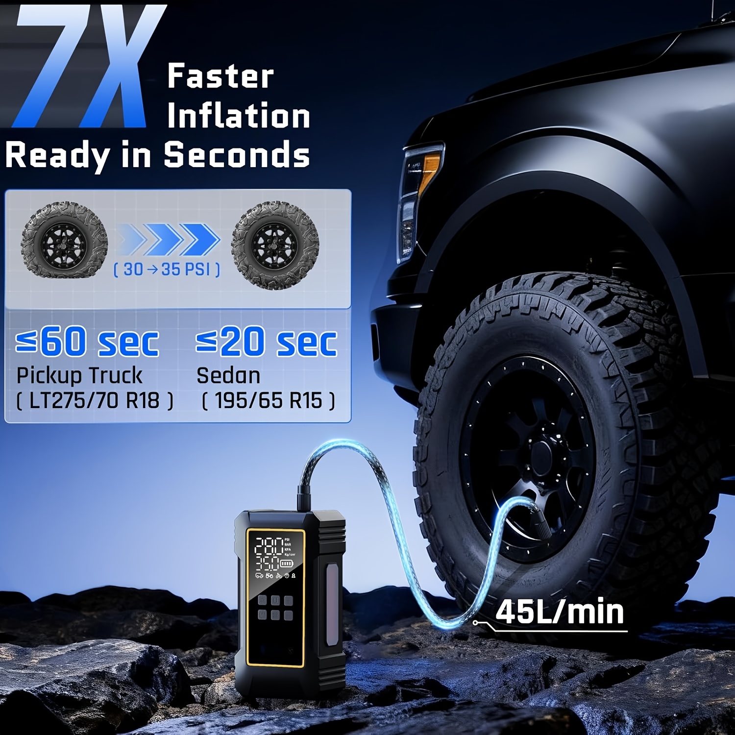 12000mah heavy duty tire inflator portable air compressor povverful 7x faster 150psi   12v cordless for car tires suvs rvs digital pressure gauge