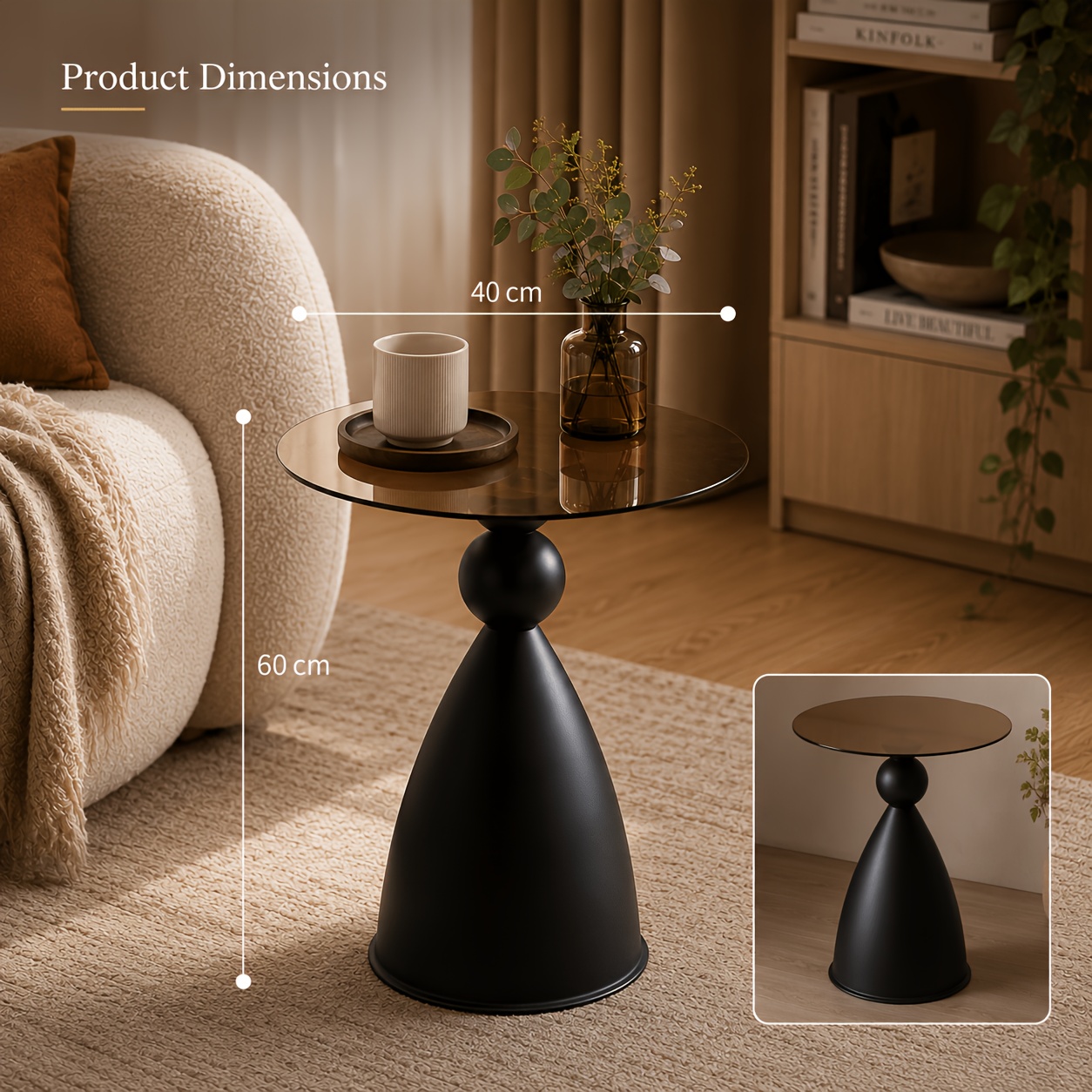 Image of Small Round Side Table, Glass Or Wood Grain Effect Top, Black Base, Suitable For Sofa, Bed, And Small Spaces