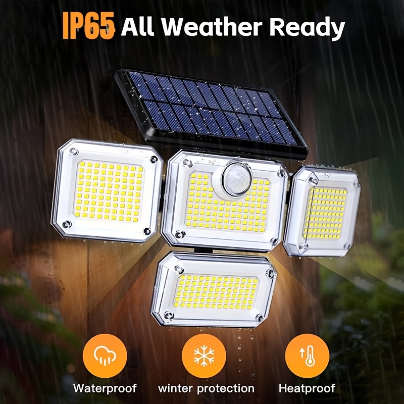 TEMU Outdoor Solar Four-head Safety Lamp, Ip65, Motion Sensor, Ultra-long , 333 Led , 3 Adjustable , Suitable For Courtyards, Gardens, Small Yards,