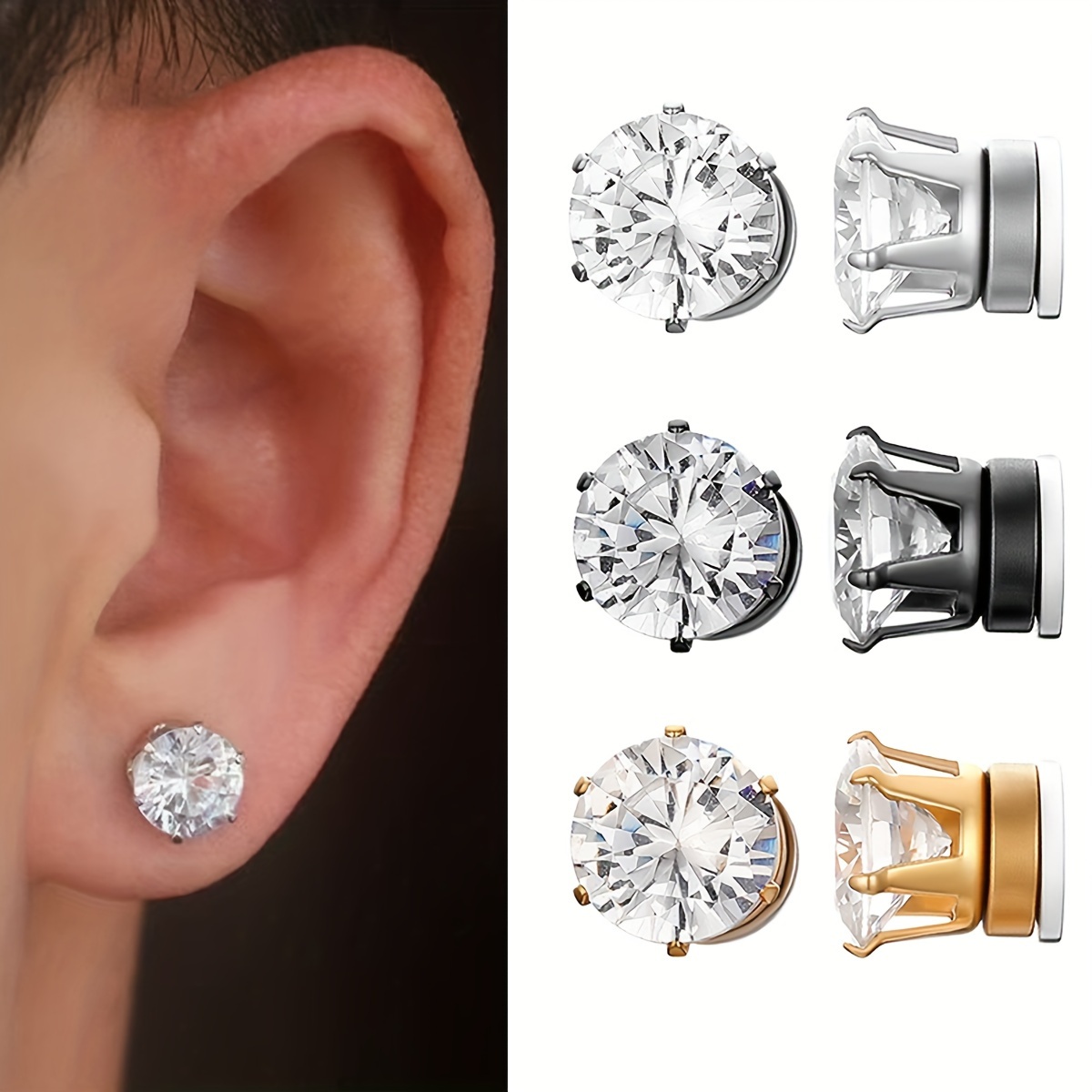 Image of 3 Pairs Magnetic Earrings For Men Stainless Steel No Piercing Clip On Earrings Black Stud Earrings Fake Gauges Earrings Set