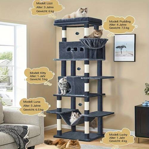 Artikelbild 210 cm großes katzenbaum, speziell für maine coons entwickelt, mehrstöckiger kratzbaum (mit großen sitzplätzen), waschbare pads, katzenhaus-möbel mit 2 , 8 kratzstämmen, hellgrau, dunkelgrau