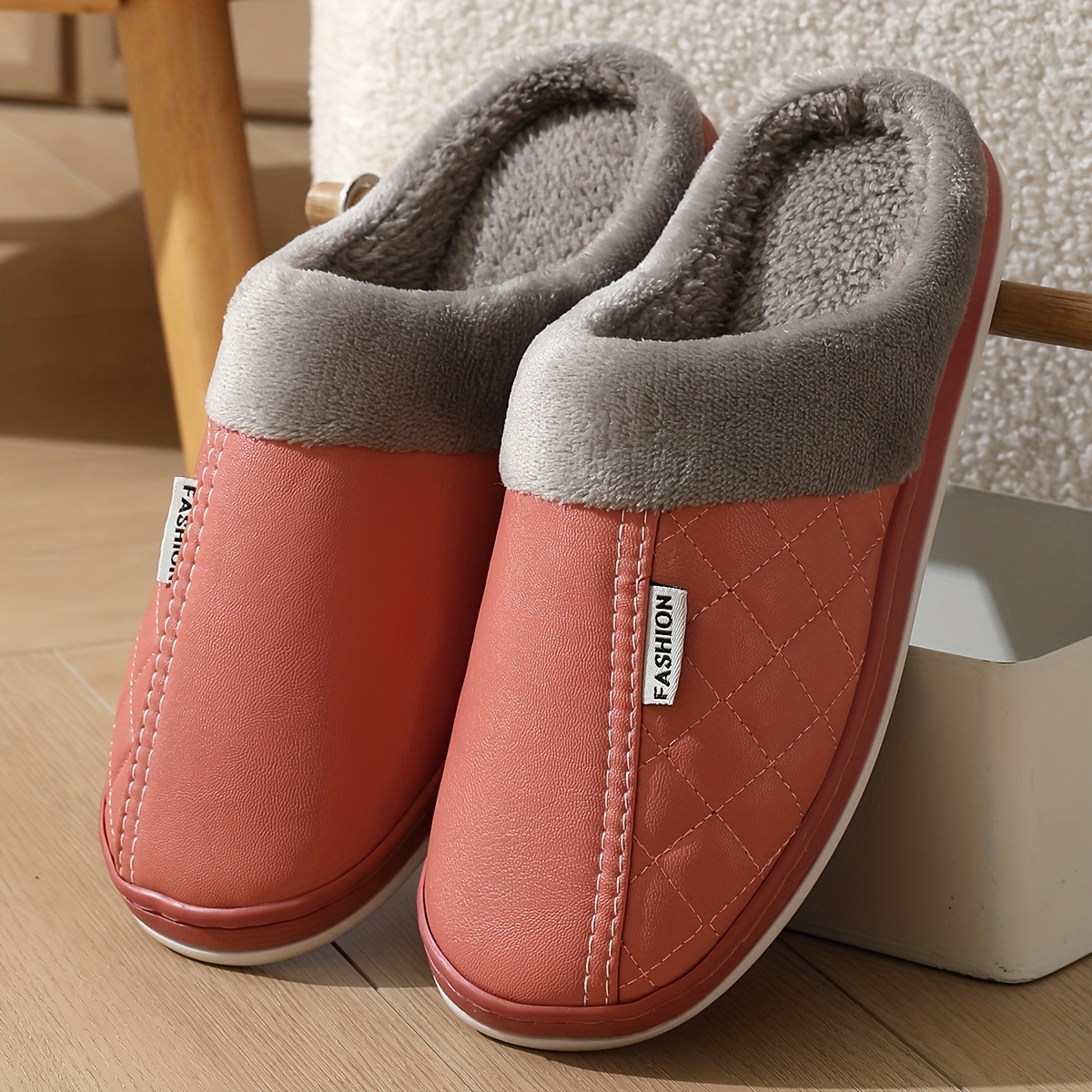 Home Slippers Men's Autumn And Winter New Pu Household Plush Home Slippers Women's Thickened Home Slippers Wear Outside, Women Shoes