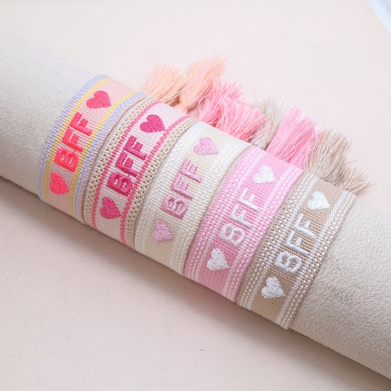 Image of A Set Of 5 Vintage Embroidered Heart Letter Bff Bracelets, Handcrafted And Woven In A Boho , Perfect Friendship Wristbands For Gifting To During Festivals, Parties, Or Travel