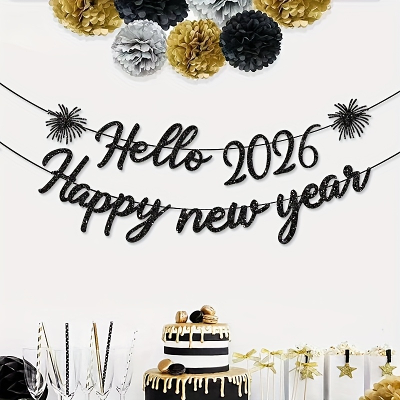 Image of Happy New Year Banner Hello2026 With Black And Golden Glitter Letters, Fireworks Party Decoration For Venue Setup