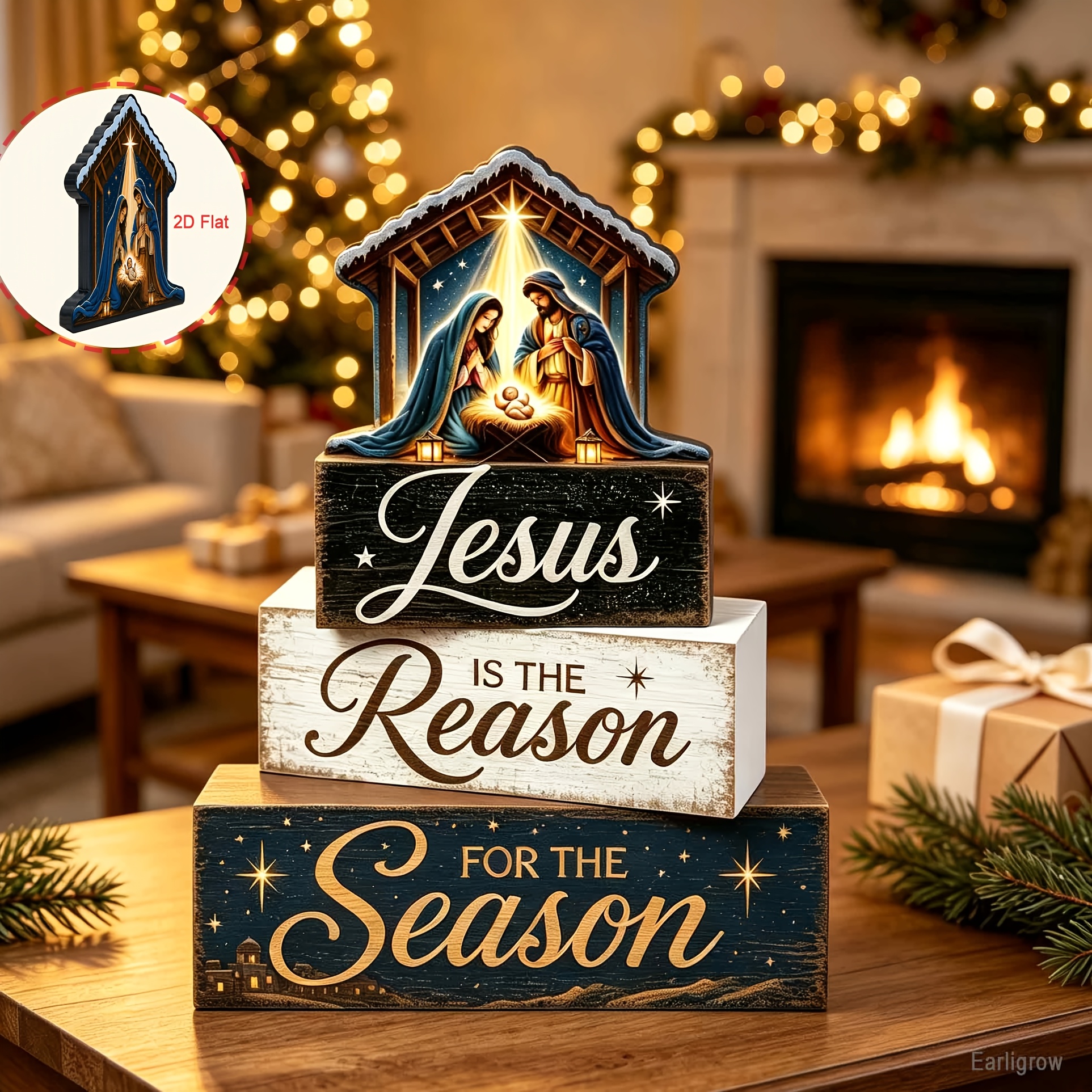 TEMU 2d Flat, Rustic Farmhouse Christian Nativity Table Centerpiece - Artificial Suitable For Homes, Churches, Tiered Trays, Christmas Party