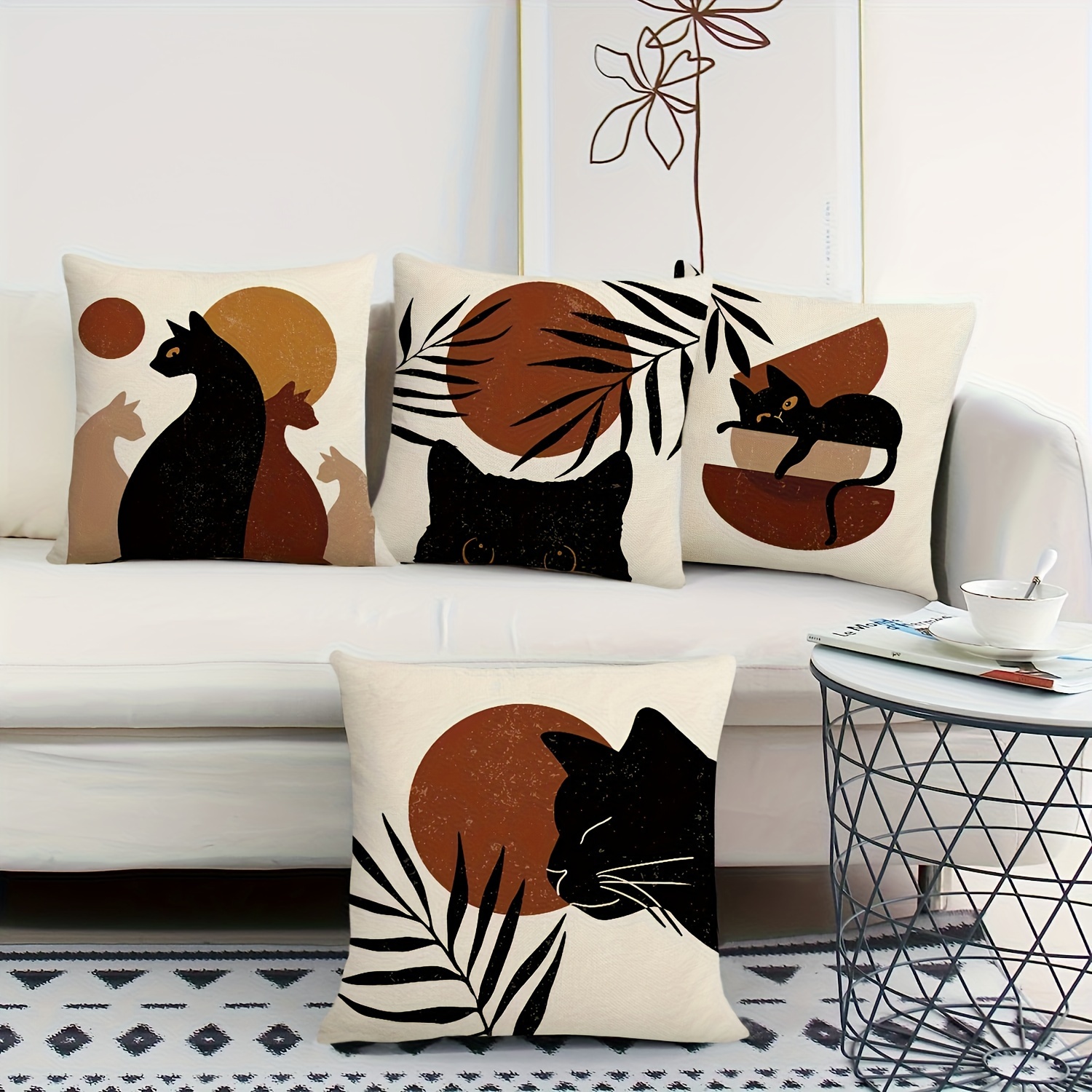 

Bohemian Sun And Throw Pillow Set - 4 Pieces, White, Black, And Light Brown, Polyester, No Power Required