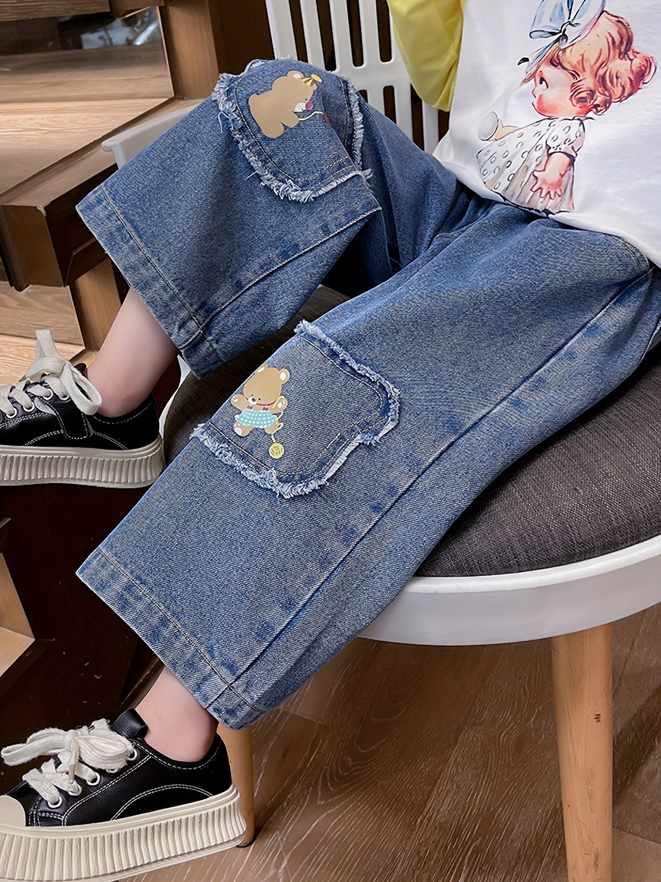 Girls' Raw-Hem Fleece Jeans Cute Hearts Pattern Regular Fit Trendy & Warm  Denim Pants For Autumn And Winter, Girls' Clothing