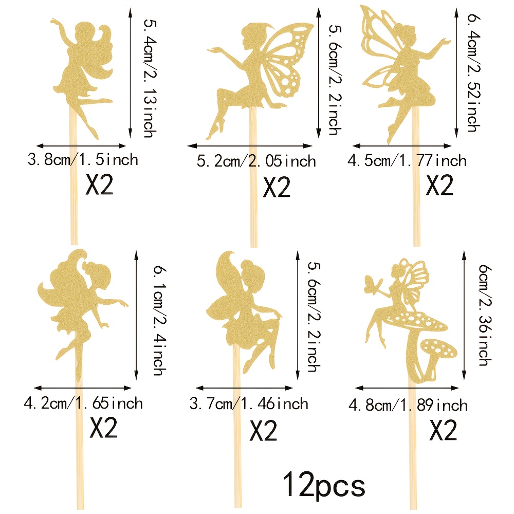 Image of 12pcs Fairy Cupcake Toppers Glitter Flowers Fairy Ballerina Cake Picks Wedding Bridal Shower Party Birthday Party Cake Decorations Supplies Golden