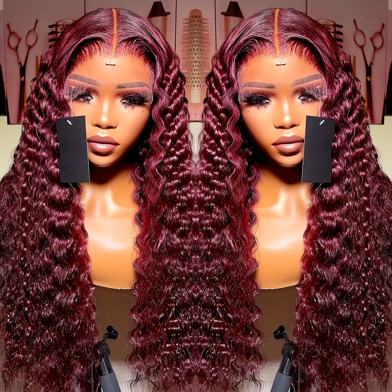 TEMU 13x4 Glueless Hd Transparent Lace Frontal Wigs 200% Density Burgundy Curly Lace Front Wigs Curly Wigs For Women Pre With Baby Hair 99j Wet And Loose Style - High-quality, Long- Wig