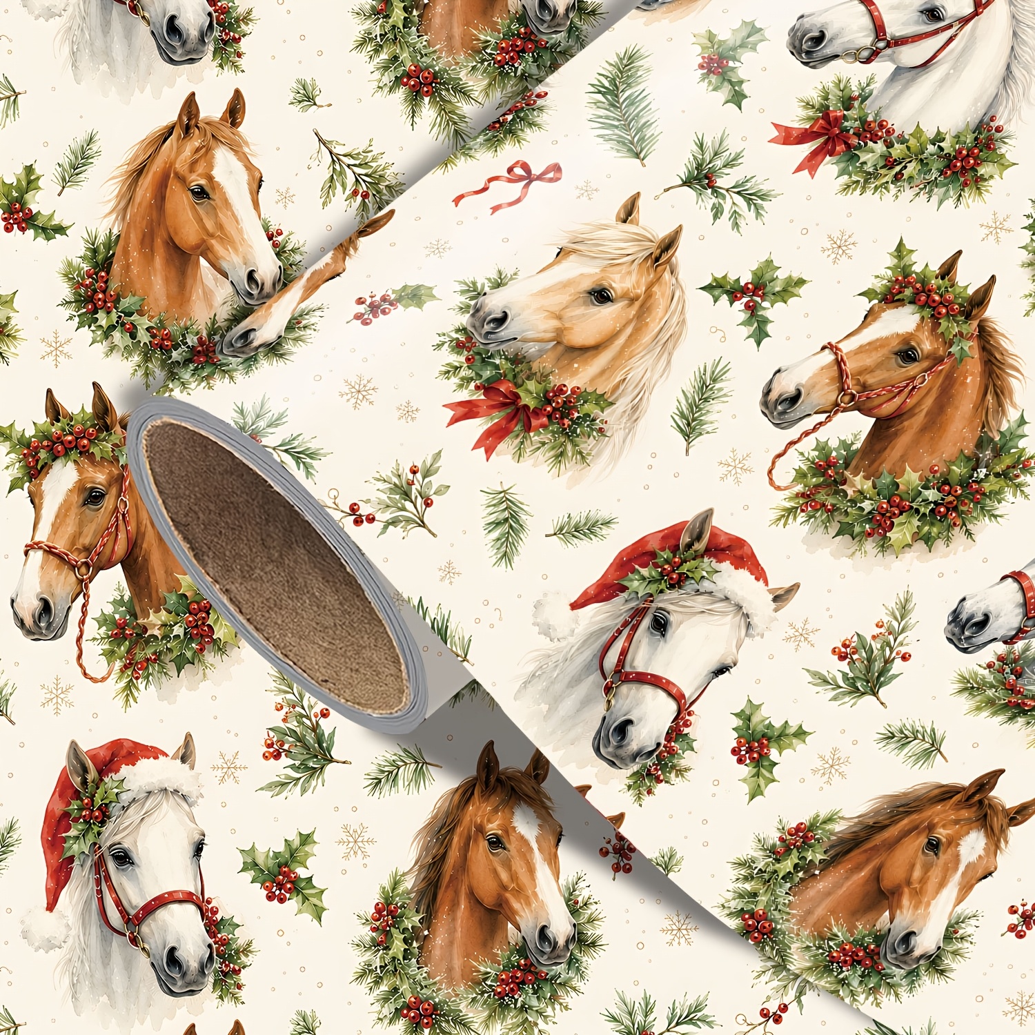 TEMU 1 Roll Of White Christmas Wrapping Paper, 17.7 Inches X 118 Inches, Featuring A Christmas Horse Pattern With Holly Wreaths, Red Bows, , Pine