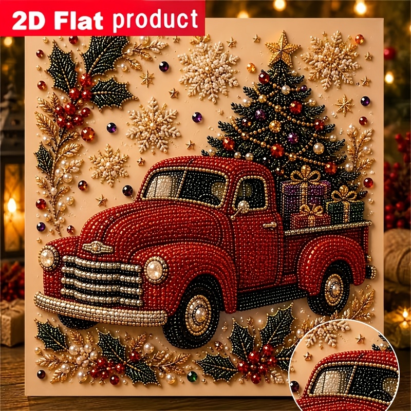 TEMU Nouveau kit de peinture diamant colorée, plein de cadeaux et d'arbres de Noël, camion rouge entouré de de neige et de feuilles de houx, convient