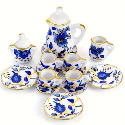 15pcs miniature porcelain tea cup teapot set retro flower dollhouse accessories suitable for mini kitchens tea sets plates tiny decor vintage tableware for
