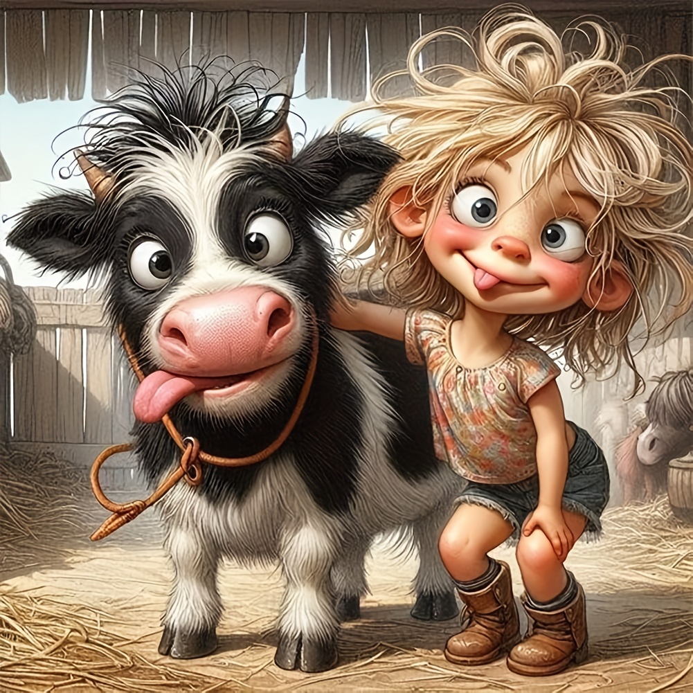 

Diy 5d Diamond Painting Kit - Cute Woman & Cow Design, Full Drill Crystal Embroidery Art, Frameless 11.8"x11.8" Cross Stitch Picture For Wall Decor, Perfect Thanksgiving Gift