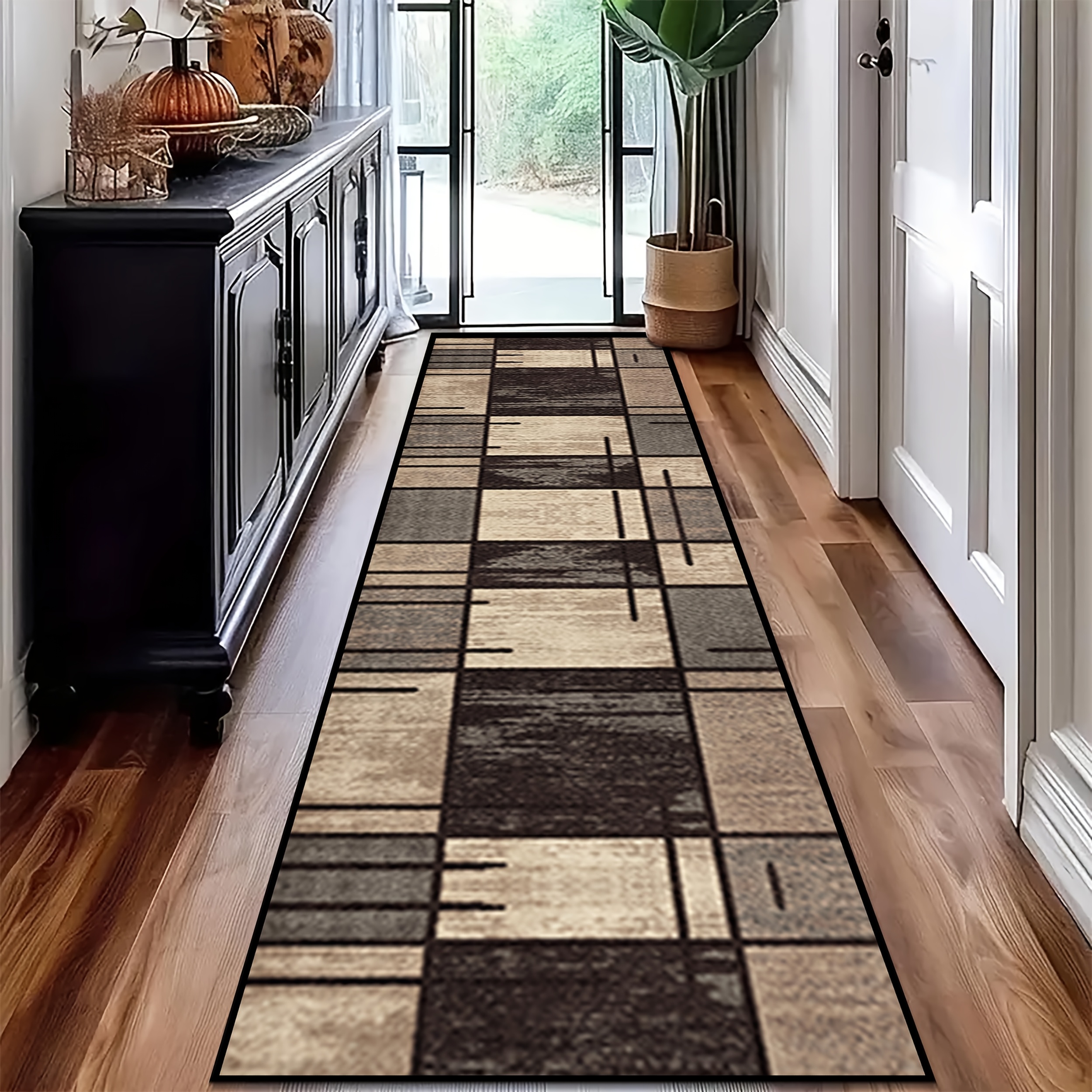 Image of 1pc, Vintage Checkered Geometric Style Hotel Welcome Runner Carpet, Easy To Clean And Kitchen Rug, Comfortable And Thick Living Room Area Rug, Villa Entrance Non-slip Mat.