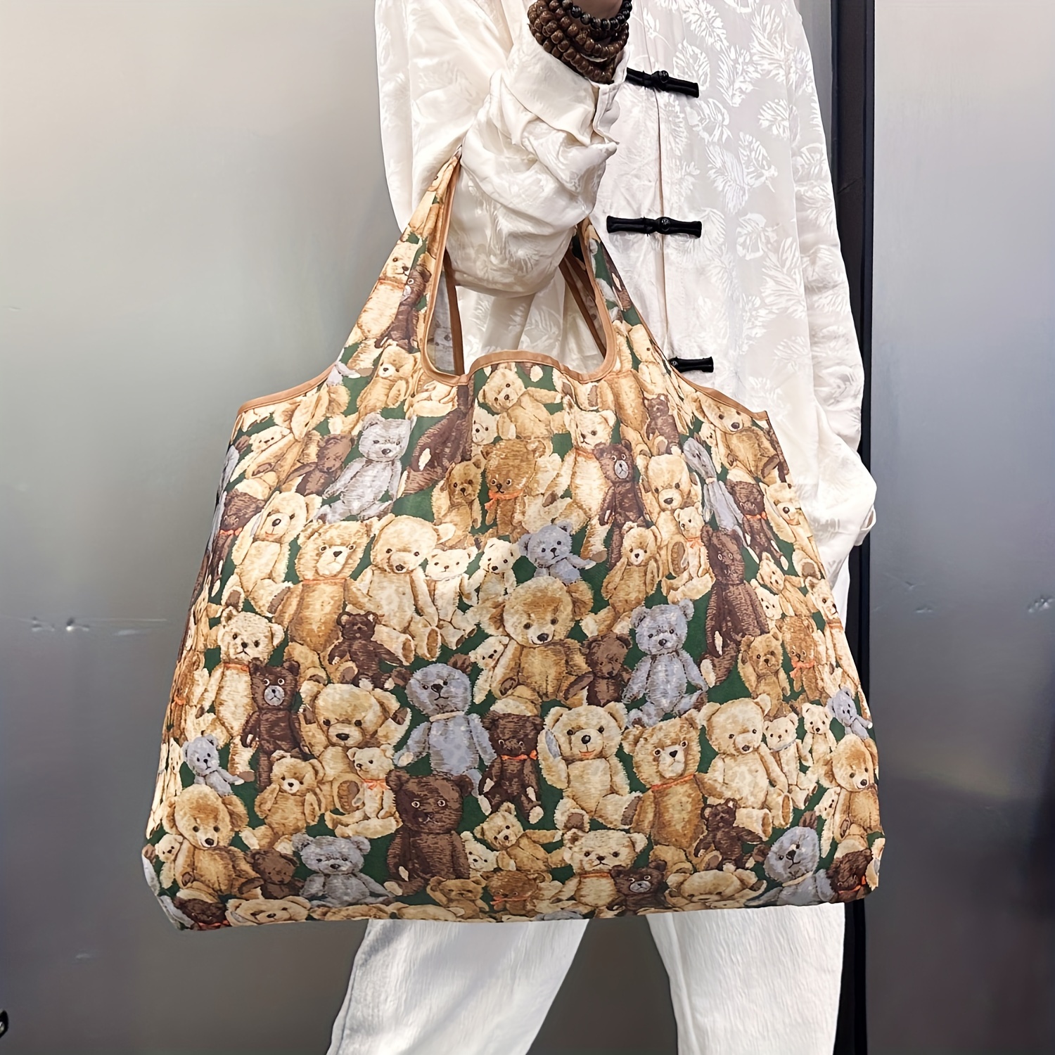 Image of Large Capacity Portable Lightweight Shopping Bag With Inner Pocket, Plush Bear Print Pattern, Outdoor Foldable Tote Bag For Camping, Travel, And Carry-on Luggage, Non-food Contact