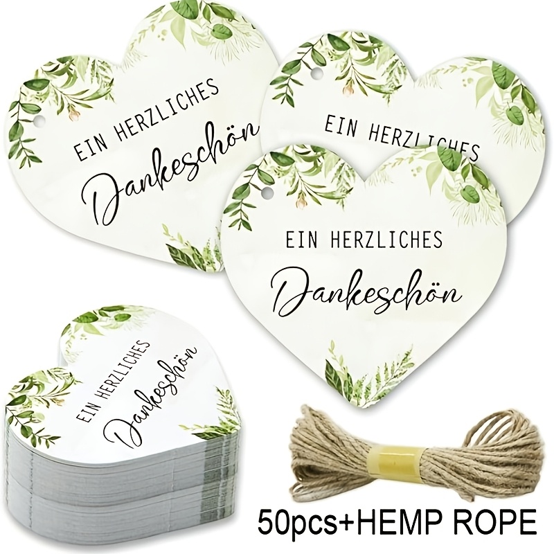 Image of 50 Thank You Tags, Heart-shaped Eucalyptus Wedding Labels For Gifts, Birthdays, And Baby Parties With Strings