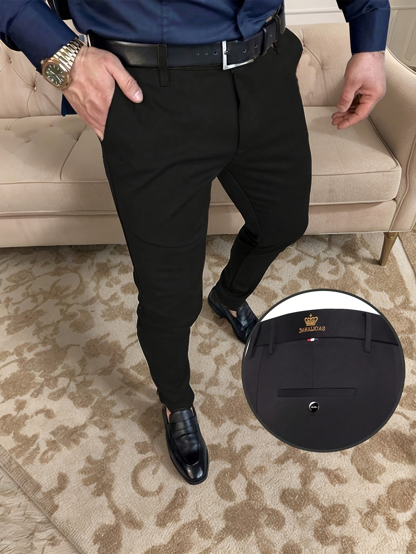 Men'S Slim Fit Stretch Dress Pants, Crown Design - All-Season Comfort, Black, Button, Suitable for Professional, Wedding, Everyday Wear - Formal And Casual - Husband'S Office Wear, Professional Clothing, Fashion Design, Comfortable Fit