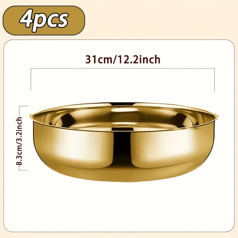 TEMU 4pcs Stainless Steel Large Capacity Bowls 12 Inch, Elegant Golden, Suitable For Cooking, Baking, Mixing Salads, Hot Pot Soup Bowls, Reusable, Shiny And Easy To Clean, Bowls