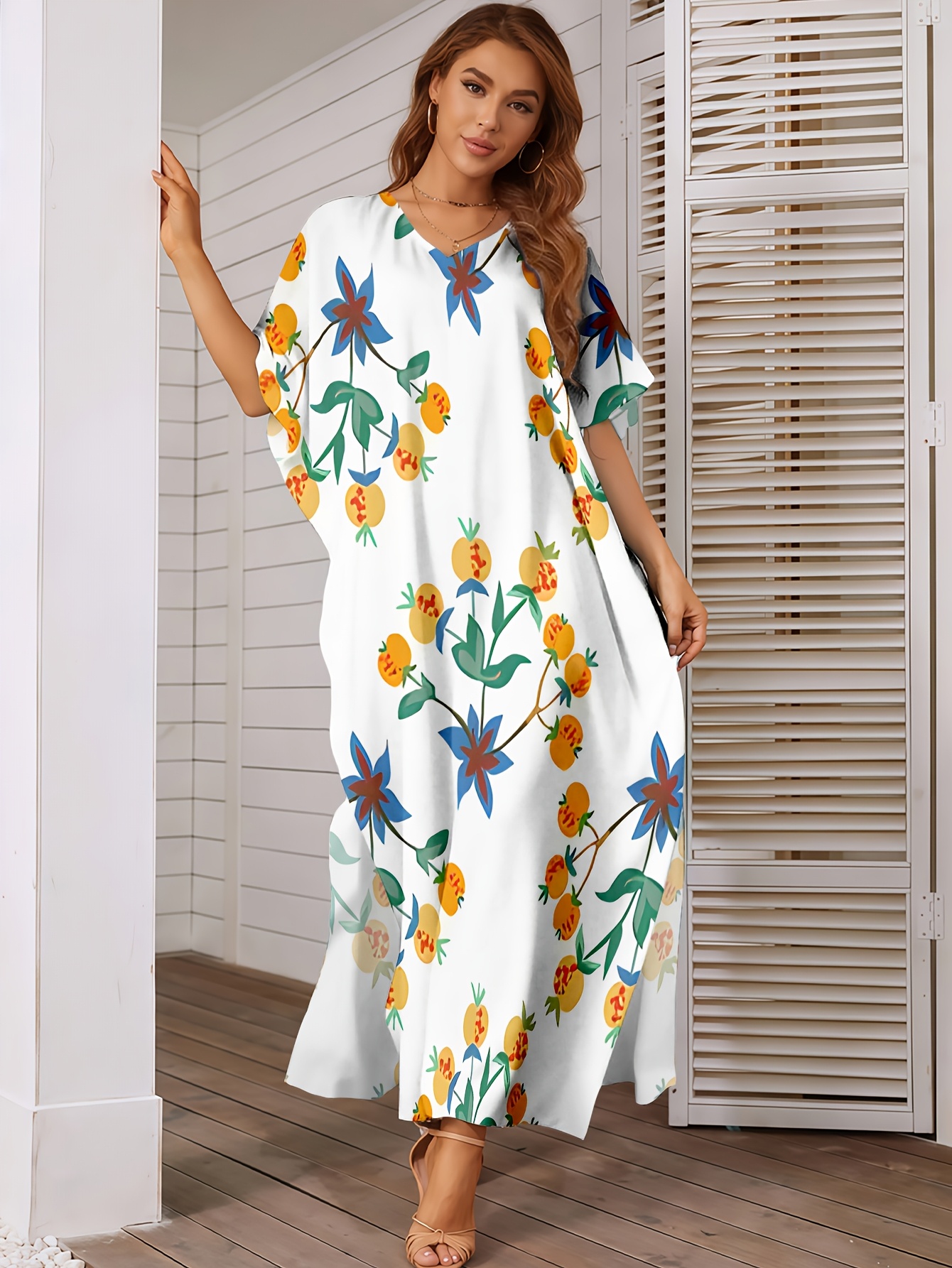 Women'S Bohemian Style Dress with a V-Neck, Long Split Hem, And Loose Fit *  Vacations And Beach *. Features a Yellow And Blue Floral Pattern, Ideal for  Casual Commuting