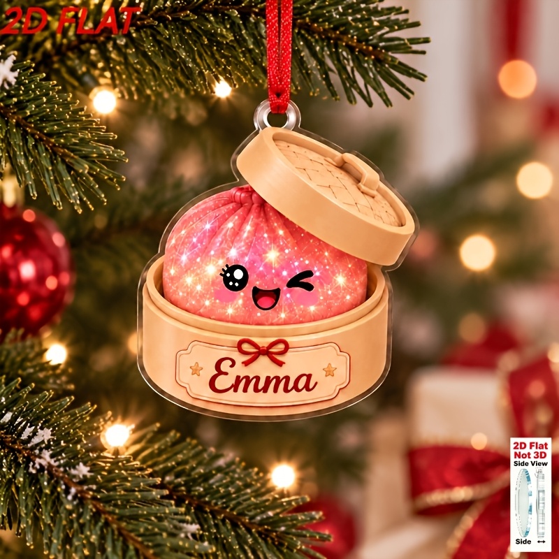 TEMU 2d Flat Custom Name Bun Christmas Ornament, Personalized Cute Cartoon Steamer Bun Christmas Tree Decoration, Fun Food-themed Holiday Keepsake