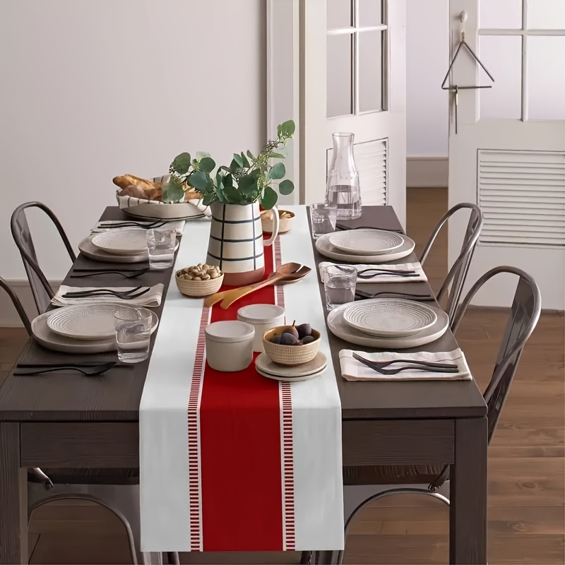 

1pc, Jit Red And White Vertical Stripe Table Runner, Elegant Tablecloth, Festive Table Decor, Home & Kitchen Decor, Polyester, Rectangular, Woven, For Dining Room, Party, Wedding Decor