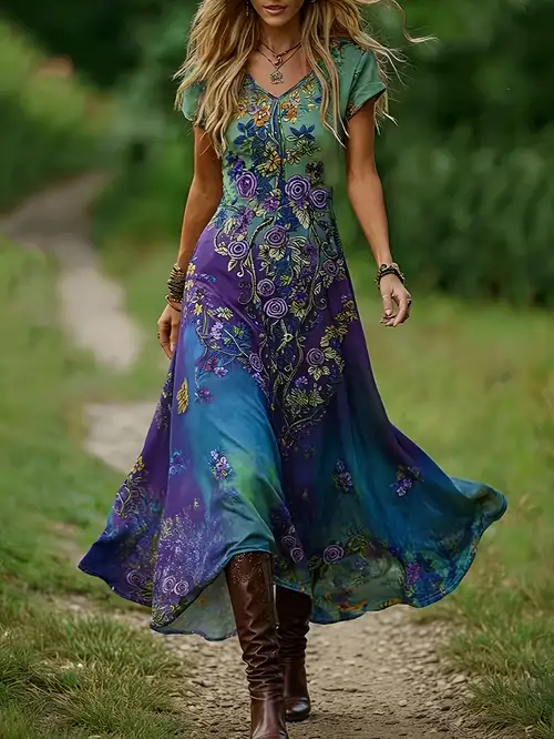 plus size boho dresses for women Plus Size Summer Boho Dresses for Women Casual V Neck Short Sleeve Beach Midi Dress