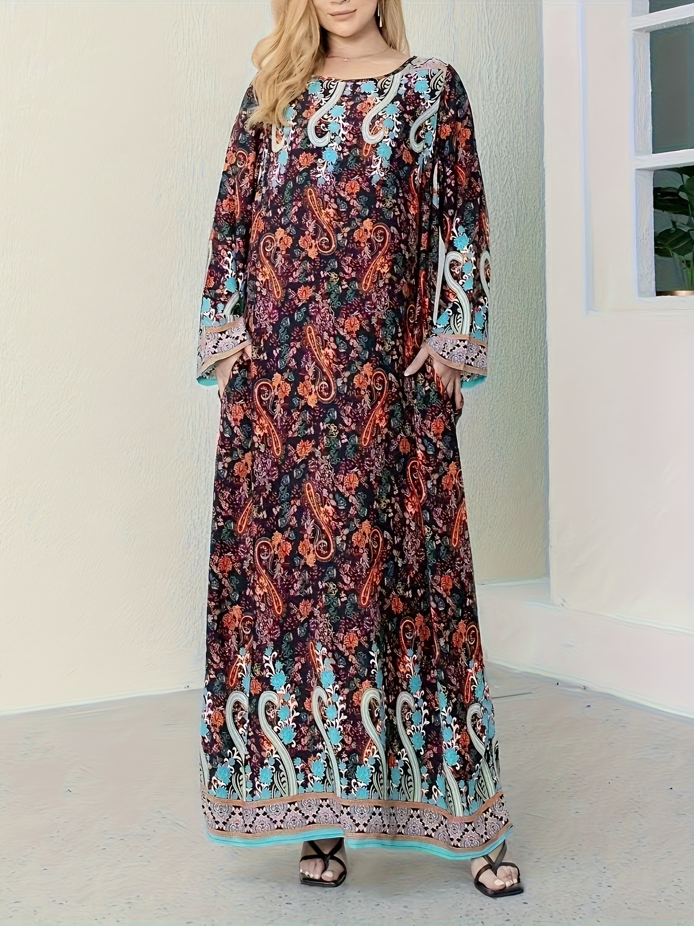 Φόρεμα Με Τσέπες Και Boho Λουλουδάτο Σχέδιο, Μακρυμάνικο Μάξι Φόρεμα Με Στρογγυλή Λαιμόκοψη Για Διακοπές, Γυναικεία Ρούχα