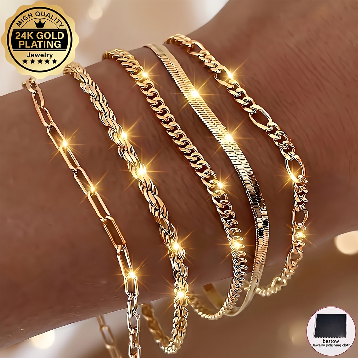 Image of 5pcs Of 24k Gold Plated - Unisex Bracelet, Elegant And Luxurious Non Fading Women's Jewelry Set, Suitable For Daily And Party Wear. Birthday Gift, A Gift For Women