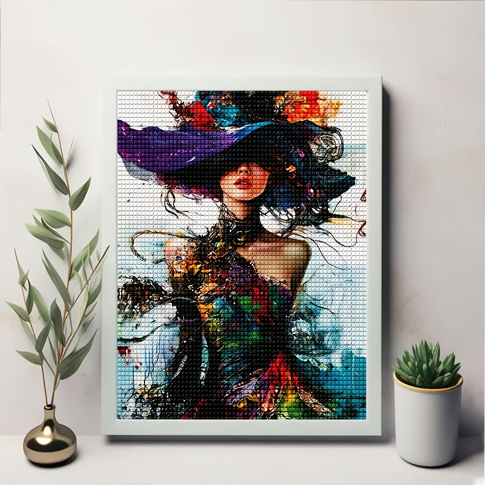 TEMU 1pc Diamond Painting Kit, Artistic Colorful Woman With Hat & Dress Abstract Rhinestone Kit, Diy Craft Set For Adults Beginners, Home Decor Wall