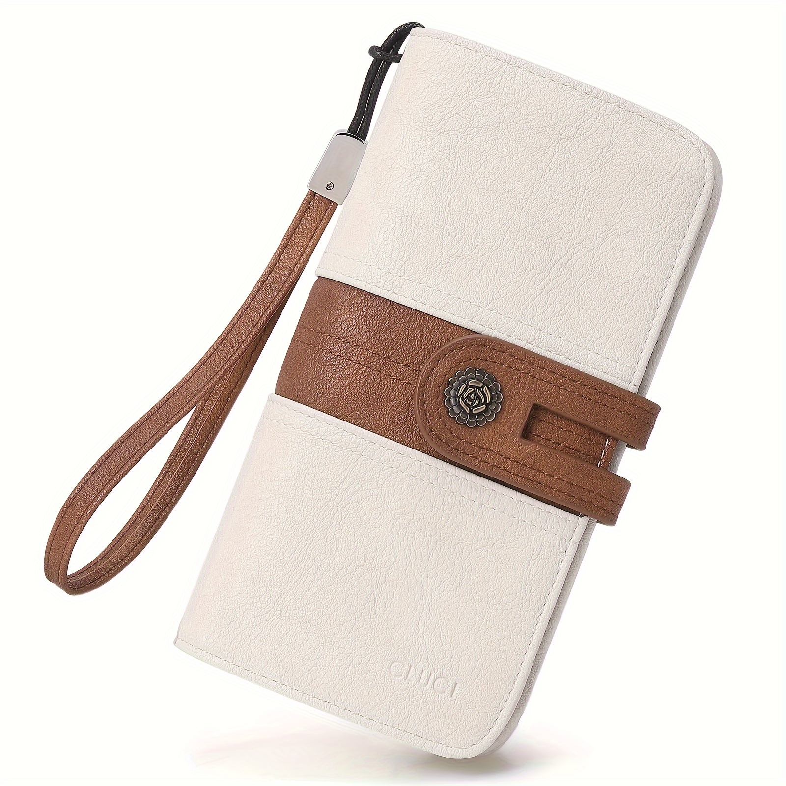 

Elegant Large White Leather Women' With Brown Accents - Classic Designer Clutch With Wrist Strap, Zip Closure, And Polyester Lining For Travel & Use