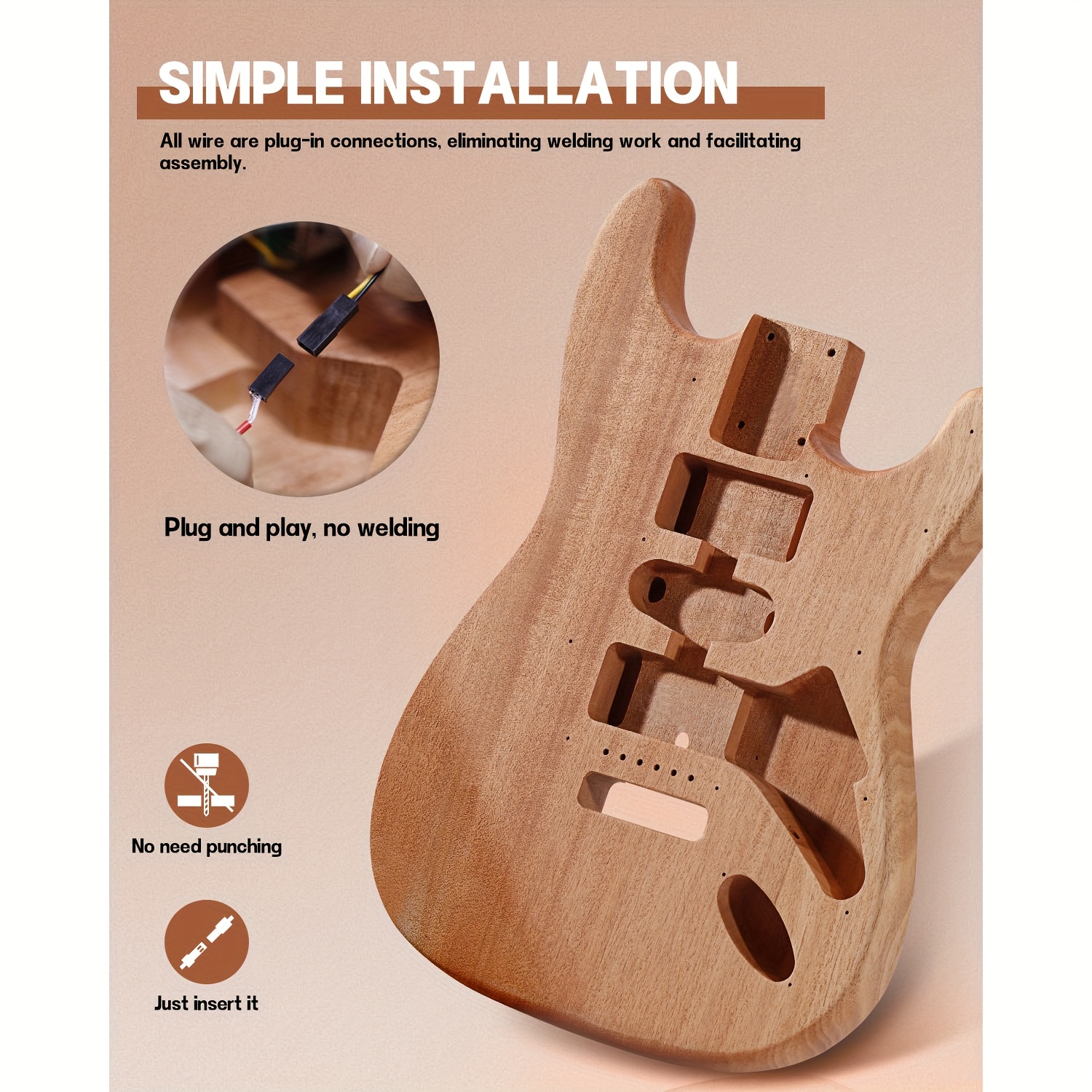 Leo Jaymz 1pc DIY Electric Guitar Kit - S-S-S Pickup Configuration, Ebony Fretboard, Maple Neck, Mahogany Body - Single Tremolo Bridge, 22 Frets, Fully Enclosed Tuning Pegs, Room Electrical Wiring