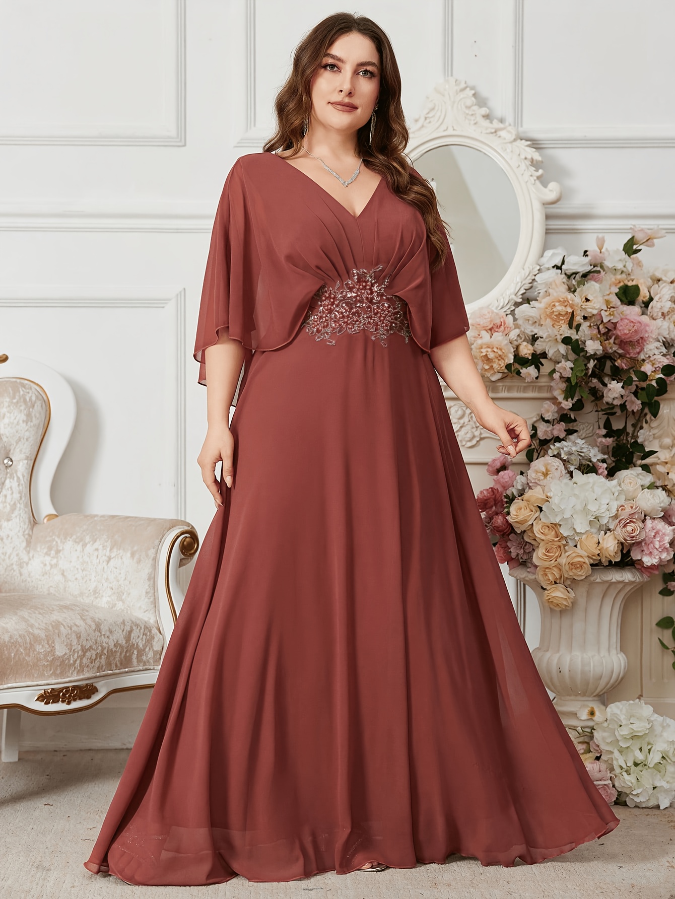 plus size womens elegant v neck batwing sleeve chiffon dress - Temu Oman