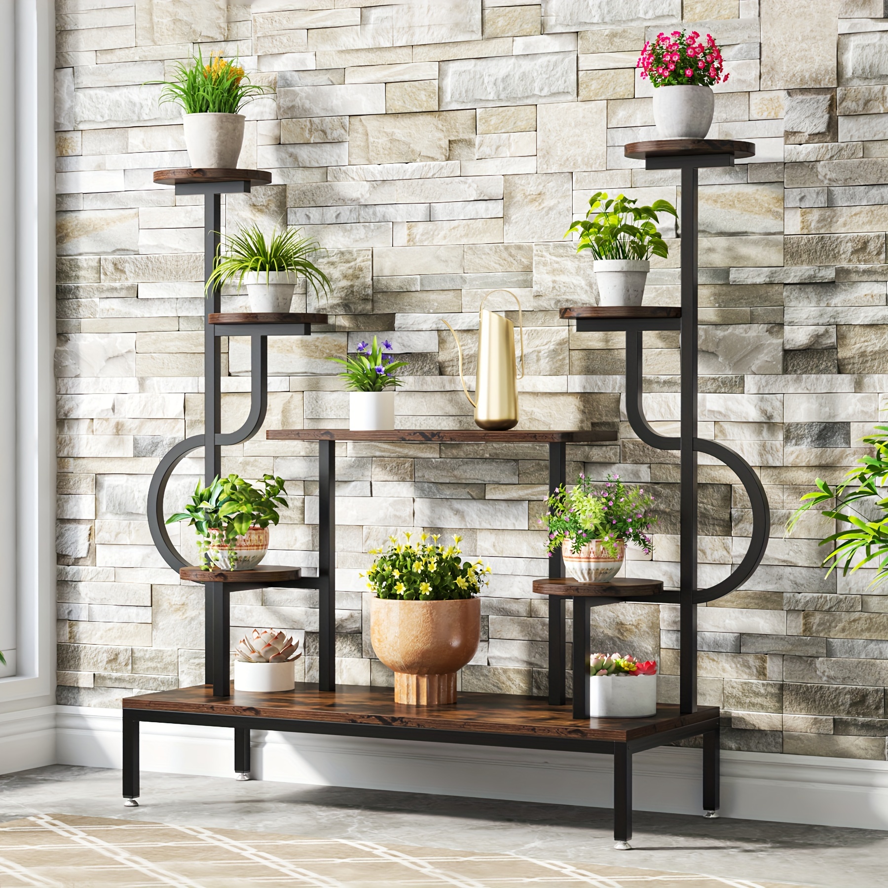 

Little Tree 8-tier Metal Plant Stand, Large Tall Plant Shelf For Multiple Plants, Round & Square Boards, Wood Indoor Ladder Holder Flower Rack For Living Room, Patio, Balcony (rustic Brown & Black)