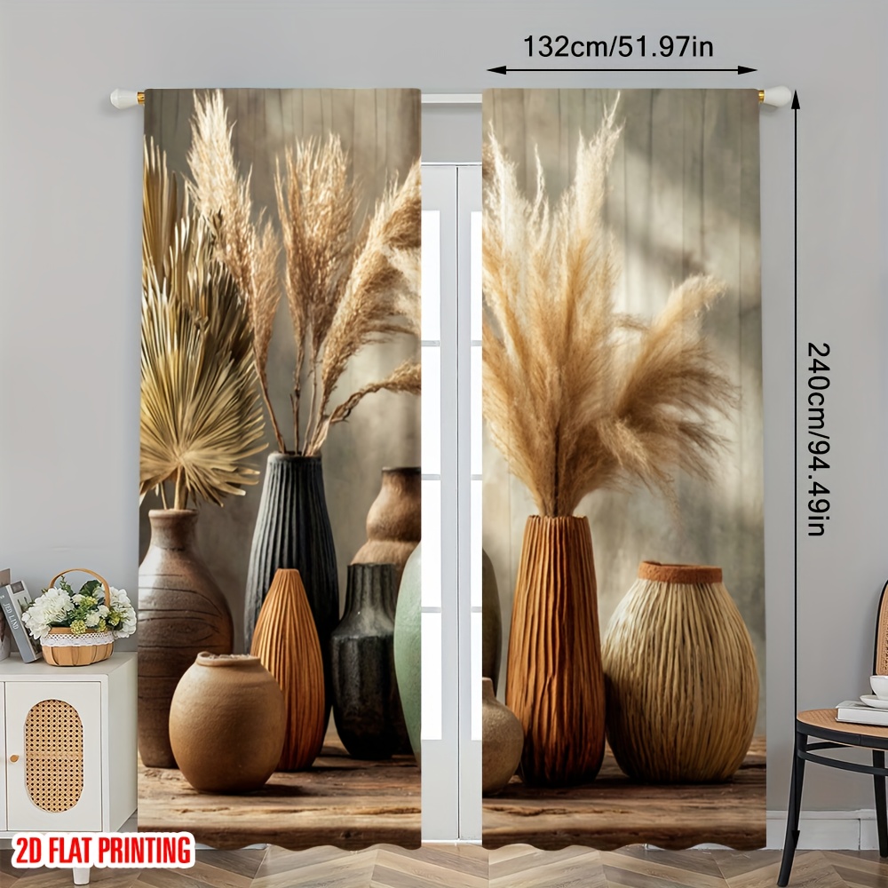 TEMU 2D Plat - Ensemble de 2 rideaux plats imprimés avec de vases rustiques, en polyester et électricité, idéaux pour une décoration.