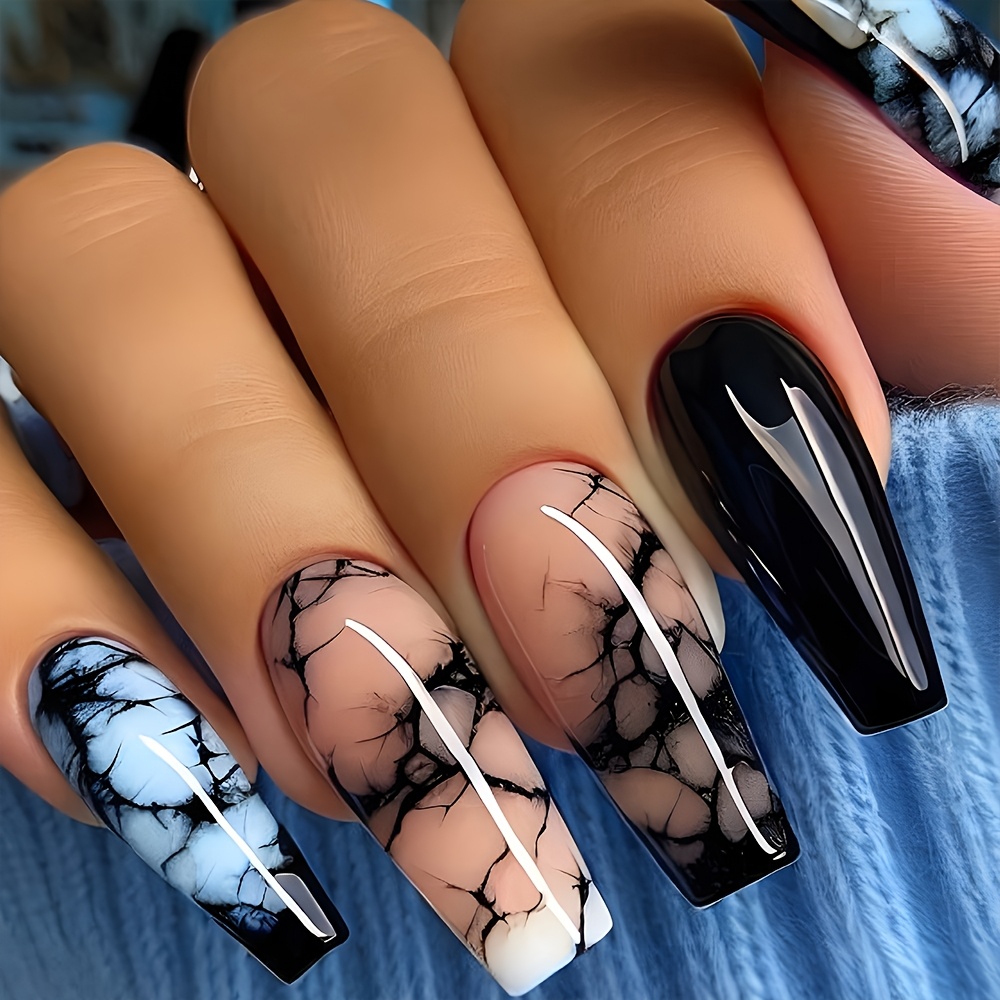 24pcs Of Dark Patterned Light Nail Pieces + 1pc Of Jelly Glue + 1 Rubbing Strip