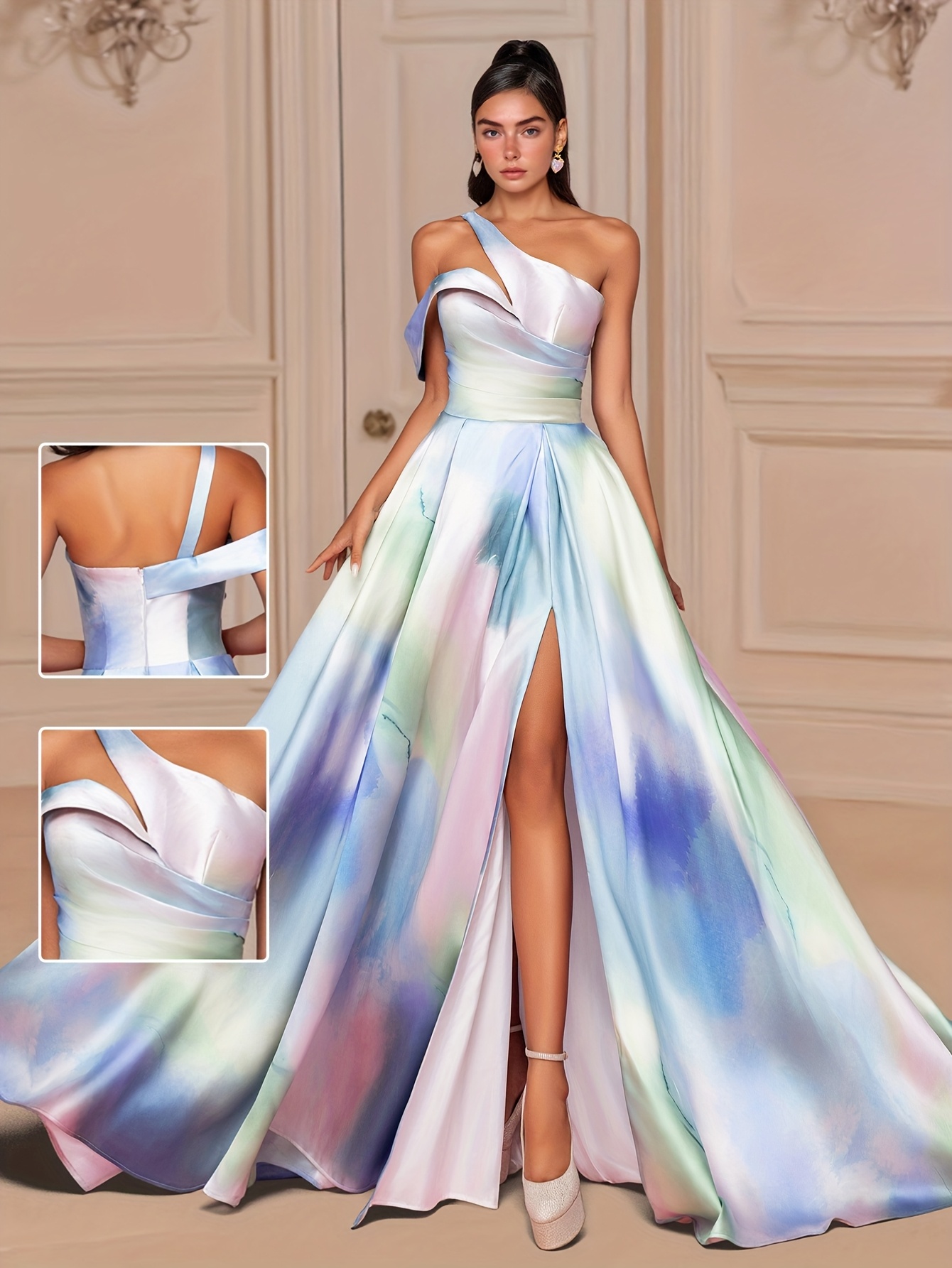 A Tie-Dye One-Shoulder Women'S Evening Dress, Elegant Party Women'S  Clothing, Satin Women'S Long Evening Dress, One-Shoulder Strapless Hollow *  A-Line Long Pleated Skirt Waist- Women'S Dress