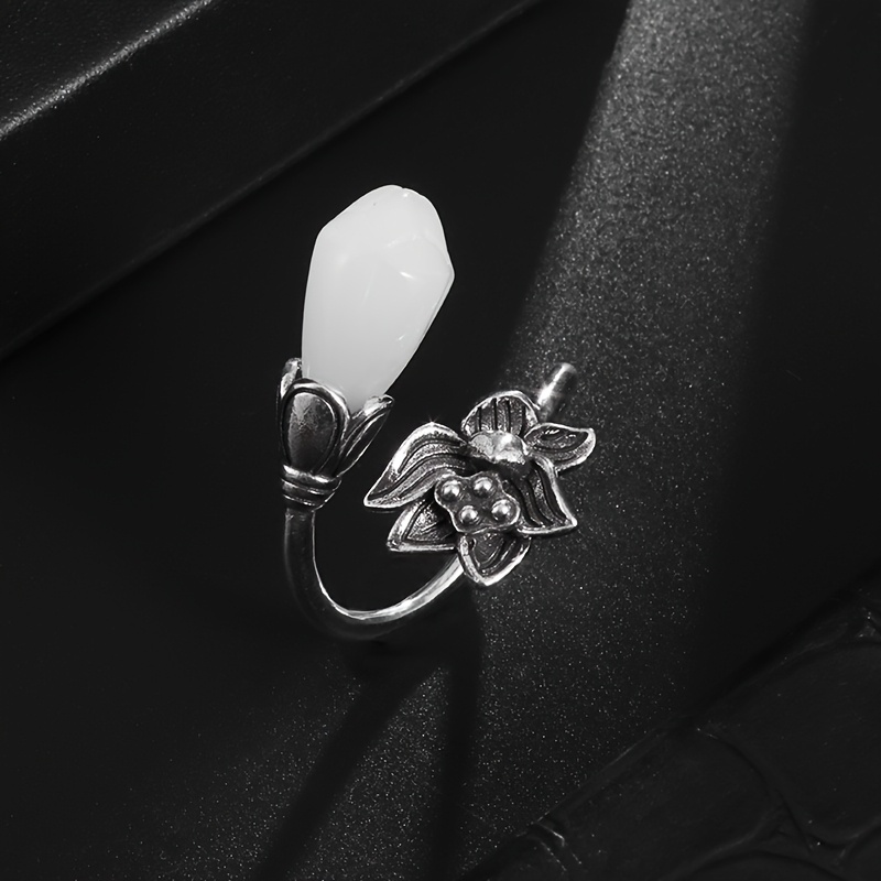 Vintage Lotus Open Ring, Artistic Floral Design for Women