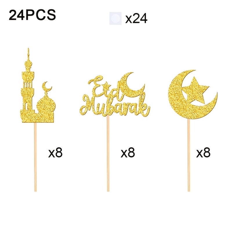 Image of 24pcs Eid Cupcake Toppers, Bamboo Cake Decorating Supplies, Star Cupcake Picks, Theme Party Cake Decorations Supplies, For Ramadan, Birthday, Graduation, And