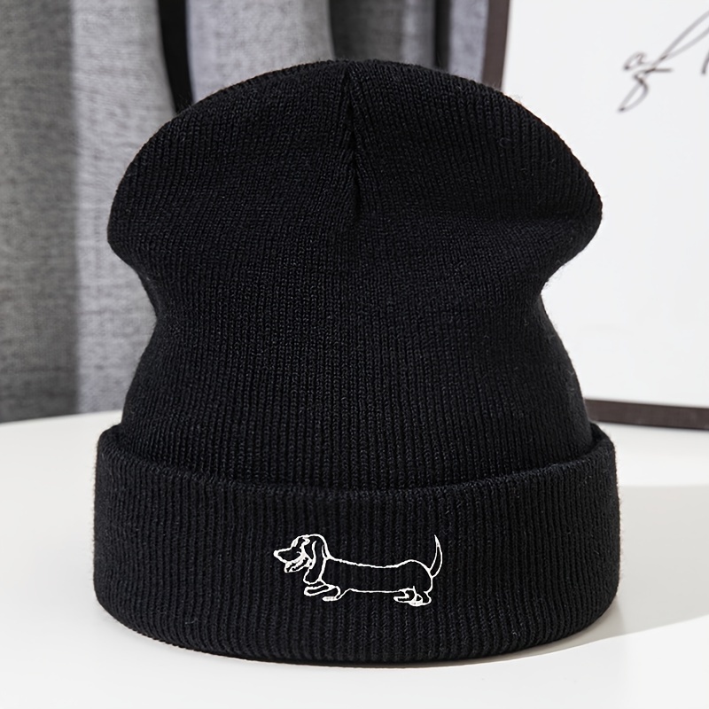 

Knitted Beanie With Dachshund Embroidery: Soft, Stretchy, And Machine Washable - Perfect For Fall And Winter