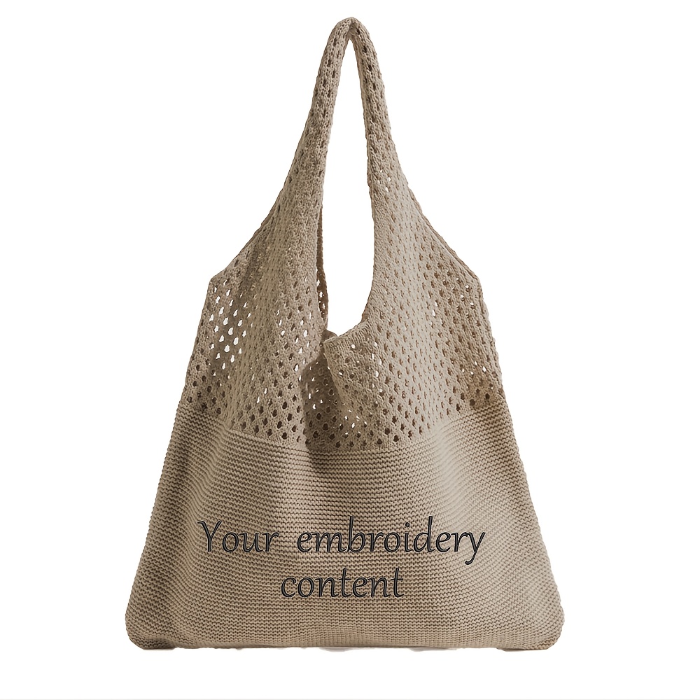 E-shop Individuelle Häkel-Strandtasche aus Netzstoff - Boho-Sommerurlaubstasche mit personalisiertem Text, Langlebiges Polyester, Offene Oberseite &